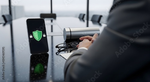Secure corporate banking and institutional finance concept - back view of executive in suit at boardroom table with document cylinder, eyeglasses and smartphone displaying security shield icon 