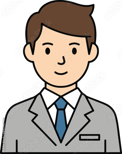 Smiling cartoon businessman avatar icon simple male professional character in gray suit and blue tie isolated on white background