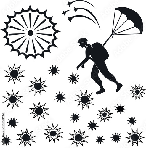 Black and White Vector Silhouette of Paratrooper and Parachute with Star Bursts and Dynamic Effects