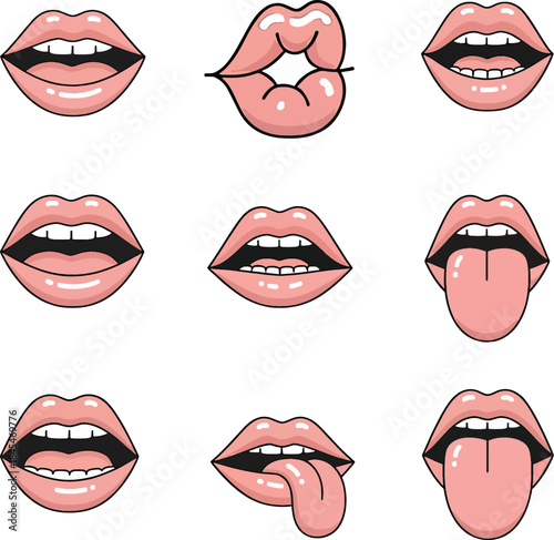 Set of Nine Pink Glossy Lips Illustrations Open Mouth Pouting Kissing and Sticking Out Tongue Vector Icons