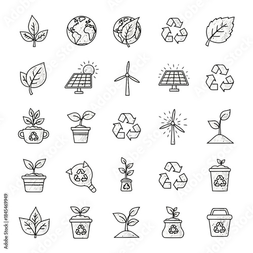 Set of ecofriendly icons including recycling, solar energy, wind power, and plant symbols
