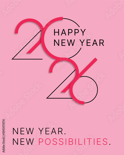 Happy New Year 2026 celebration with pink background typography and possibilities