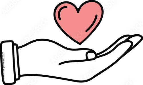 Hand holding or offering a simple pink heart icon concept of charity care love support kindness generosity volunteerism giving gesture isolated on white