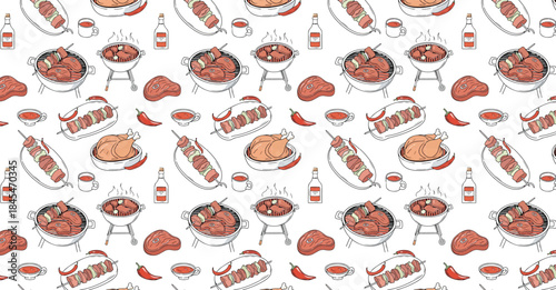 Seamless pattern background with hand drawn BBQ elements including grilling steaks meat skewers kebabs whole roasted chicken ketchup sauce chili peppers and