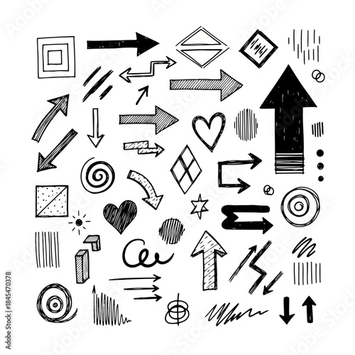 Collection of various black and white icons and symbols on