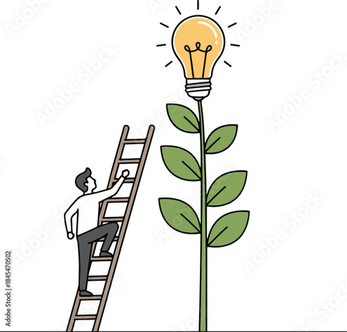 Businessman climbing ladder toward growing plant with shining light bulb idea concept success growth innovation achievement career development inspiration goal