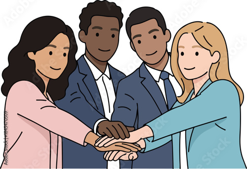 Diverse business team people stacking hands together symbolizing unity teamwork collaboration partnership agreement support success and corporate spirit cartoon
