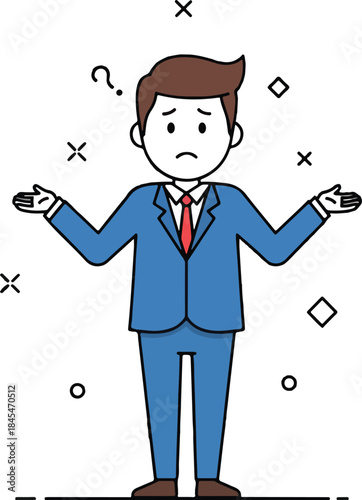 Confused businessman in blue suit shrugging shoulders with question mark and abstract symbols representing doubt uncertainty indecision problem solving business