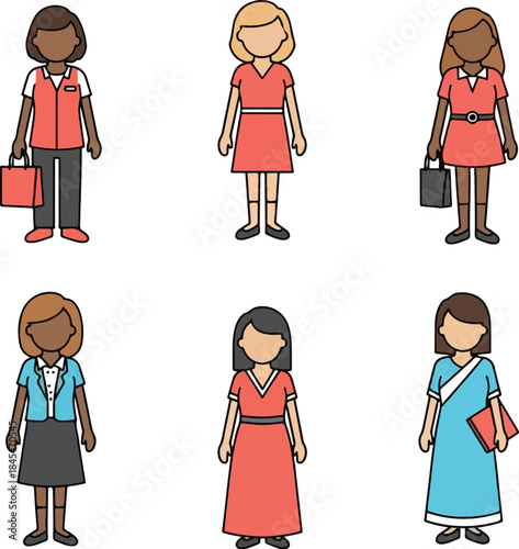 Collection of Diverse Female Avatars Representing Different Professions Casual Style and Ethnicity Isolated on White Background for Business Team HR Recruitment