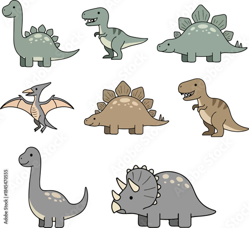 Cute Cartoon Dinosaur Collection Kawaii Style Prehistoric Reptile Set with Tyrannosaurus Rex Stegosaurus Brontosaurus Pterodactyl Triceratops Isolated on White
