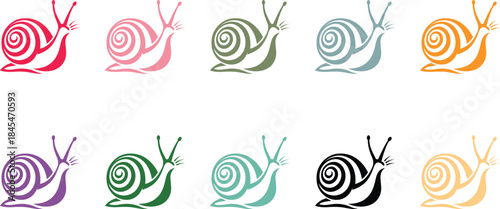 Colorful snail icons with swirling shells, Cute snail illustration collection on white