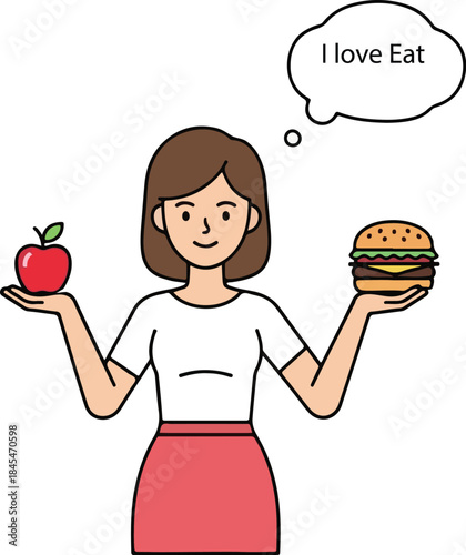 Woman deciding between healthy food choice apple and unhealthy fast food burger thinking I love eat diet concept nutrition challenge weight loss struggle