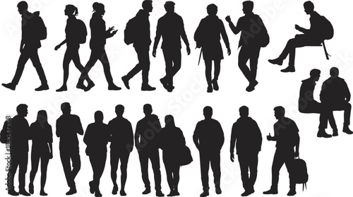 Black Silhouette Student People Collection, Diverse College Students Walking, Standing, Sitting with Backpacks Isolated on White Background Vector