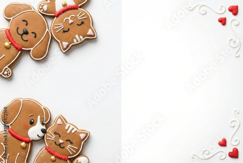 Gingerbread dog and cat couples with red hearts for Christmas, New Year and Valentine's Day. Cute holiday pet cookies on left side of white background with copy space.