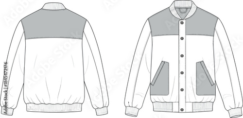 Colorblock bomber jacket with ribbed collar cuffs hem front snap closure fashion flat technical illustration outerwear template detailed garment sketch