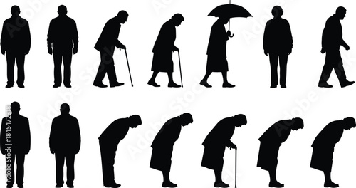 Black silhouettes of elderly people walking with canes and umbrellas in various poses isolated on a white background