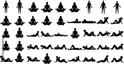 Black silhouettes of people in yoga meditation and fitness poses sitting and lying down isolated on white background