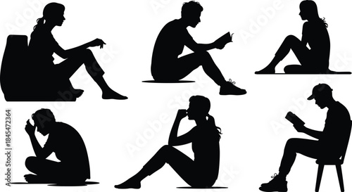 Black Silhouettes of People Reading Books and Thinking, Sitting in Diverse Poses, Contemplating Knowledge, and Learning.