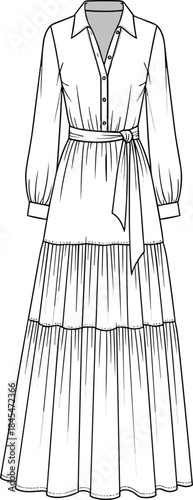 Tiered shirt dress with long sleeves belted waist gathered skirt fashion flat technical illustration women’s maxi dress garment template ruffle panels
