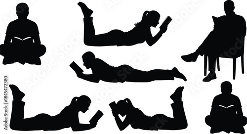 Black silhouettes of people reading books in various poses sitting and lying down isolated on a white background
