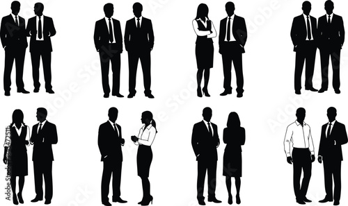 Business people silhouettes in professional suits standing together for corporate teamwork group meeting and office staff character collection