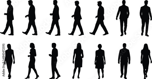 Business People Silhouettes Walking Standing Professional Corporate Adult Man Woman Architecture Design Element Vector Isolated Set