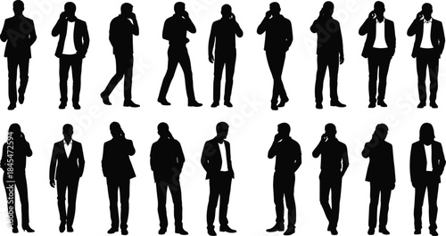 Business people silhouettes talking on mobile phones set, professional corporate men and women using smartphones for office communication.