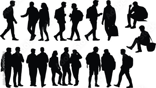 Casual Black Silhouettes of Diverse People Walking, Standing, and Sitting, Carrying Bags or Backpacks, Representing Travelers.