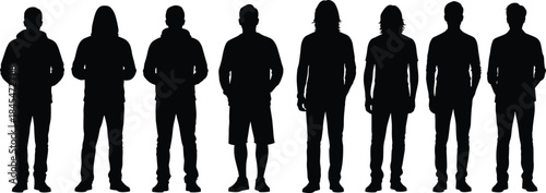 Collection of black silhouettes of men standing in casual outfits and different hairstyles isolated on a white background