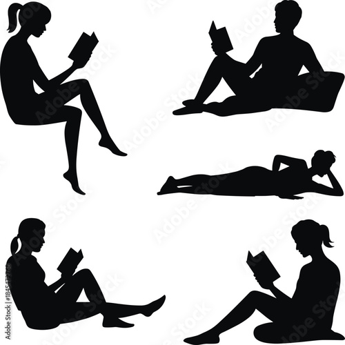 Collection of Relaxing People Silhouettes Reading Books in Various Comfortable Poses Leisurely Enjoying Literature and Education Vector Illustration.