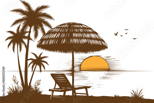 An engraving art style illustration a serene beach scene with a thatched umbrella and lounge chair at sunset
