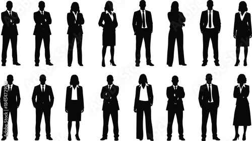 Diverse business people silhouettes in formal suits, successful corporate team standing together for professional leadership and office recruitment.