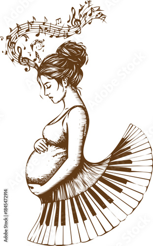 An engraving art style illustration a pregnant woman in a dress made of piano keys with flowers in her hair