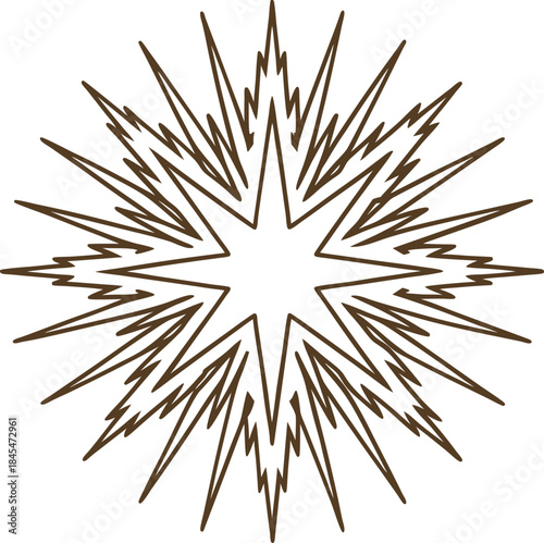 Radiating geometric starburst symbol with sharp lightning spike rays in brown outline