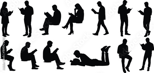 Diverse collection of people reading books silhouettes in various poses including sitting standing and lying down for education concepts.