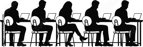 Diverse business people silhouettes working on laptops in office, corporate team sitting at desk for modern coworking productivity.