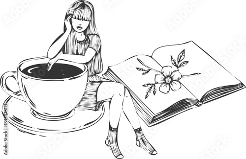 An engraving art style illustration a woman sitting with a cup of coffee and an open book with a flower design on the page