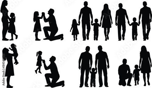 Diverse family silhouettes set with parents and children, happy father mother and kids walking together for household love.