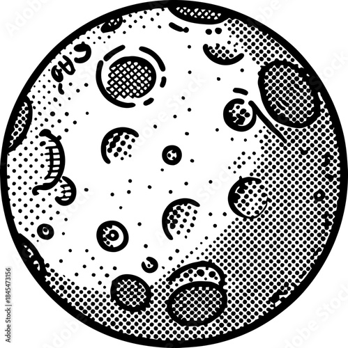 Textured moon illustration with craters and halftone shading in vintage engraving