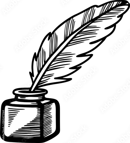 Ink bottle with feather quill pen symbolizing writing, literature, creativity and classic communication