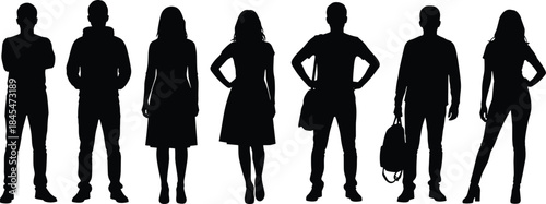 Diverse group of casual people silhouettes standing in a row for lifestyle community students and young professional concepts.