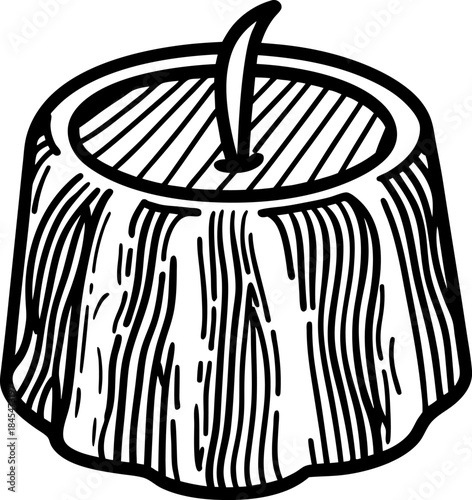 Tree stump candle holder with wooden texture and single flame, rustic decorative element illustration