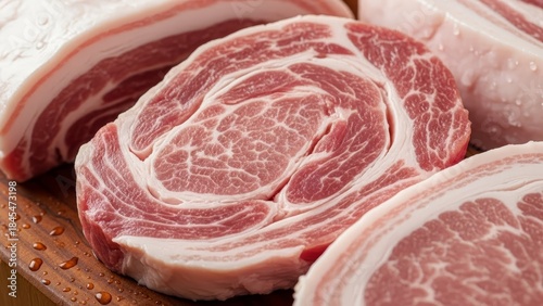 Fresh raw pork belly slices with marbled fat layers on wooden cutting board ready for cooking