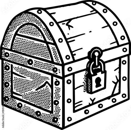 Locked wooden treasure chest with metal studs and keyhole padlock in vintage engraving