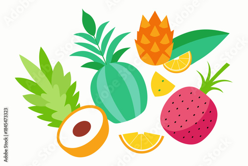 Colorful illustration of tropical fruits and leaves