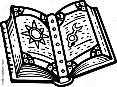 Mystical spellbook icon with magical symbols, open enchanted book illustration in black and white