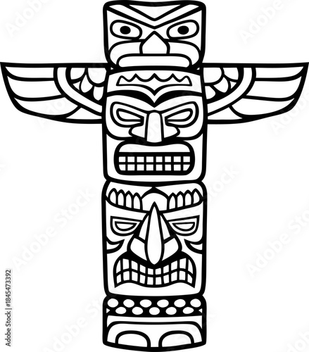 Stylized tribal totem pole illustration with traditional carved faces and wings