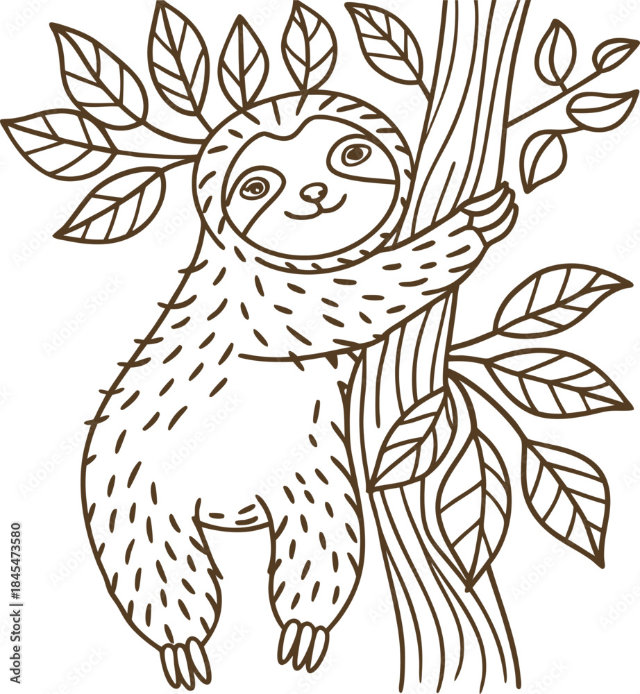 Obraz premium Playful sloth hanging on tree branch with leaves, cute woodland animal line art illustration