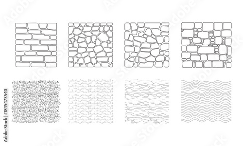 Landscape Architecture CAD Vector Patterns Set. Grass, Water, Stone, Wall, and Texture Elements