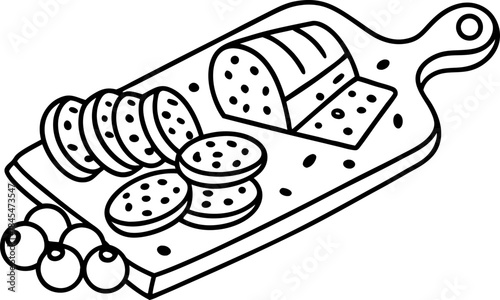 Charcuterie board outline with sliced sausage, loaf of bread, crackers and olives illustration